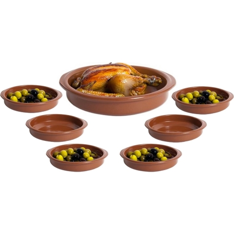 Tapas serveerschalen set - 1x D22 cm en 6x D10 cm - rond - Spaans terracotta ovenschaaltjes -