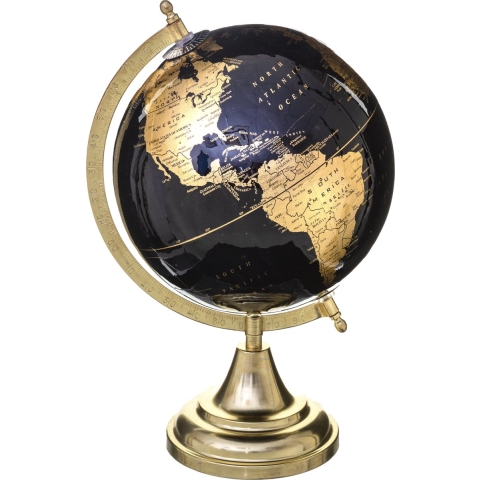 Decoratie wereldbol/globe zwart/goud op metalen voet D20 x H33 cm -