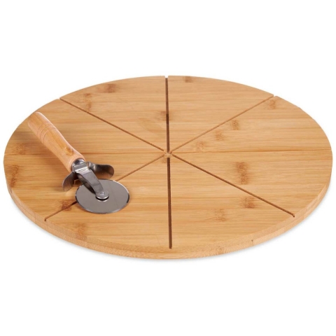 Pizza serveerplank met pizzasnijder - bamboe - D35 cm - dubbelzijdig - snijplank/keukenhulpje -