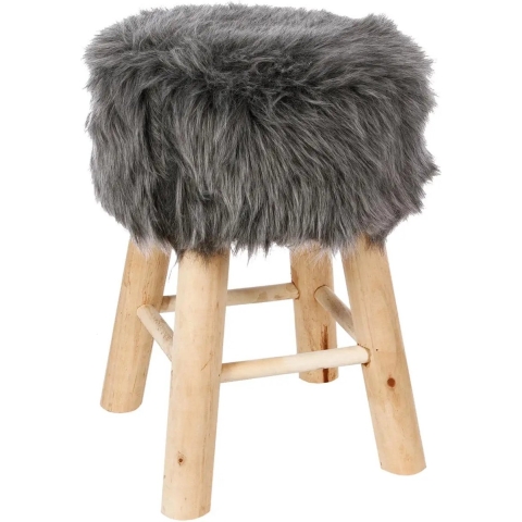 Bijzet krukje/zit krukje Oslo - houten onderstel/fluffy stof - grijs - D30 x H42 cm -