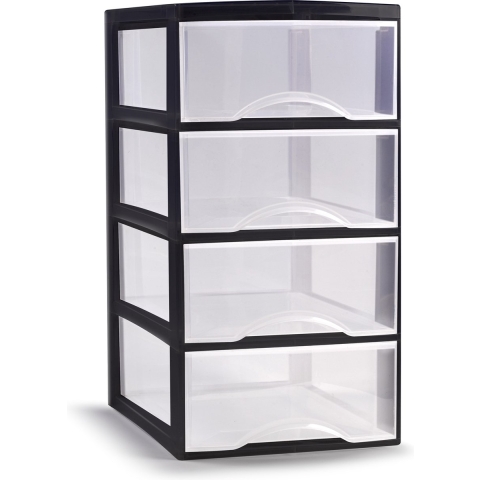 Ladeblokje/bureau organizer met 4x lades - transparant/zwart - L26 x B37 x H49 cm - plastic -