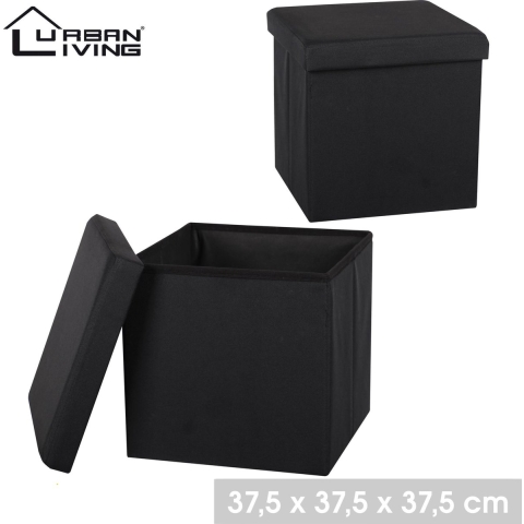 Poef/hocker - opbergbox zit krukje - zwart - linnen/mdf - 37 x 37 cm - opvouwbaar -