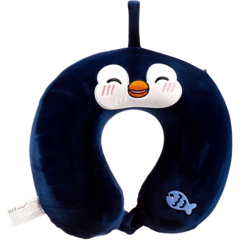 Nekkussen met ophanglus voor kinderen - pinguin - zwart - polyester - reiskussen voor onderweg -