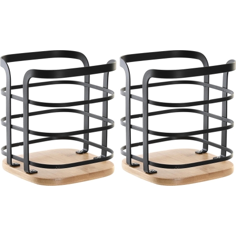Keukengerei houder - 2x - zwart - 12 x 14,5 cm - ijzer - bamboe hout -