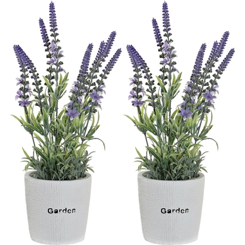 Lavendel bloemen kunstplant in bloempot - 2x - paarse bloemen - 10 x 36 cm -