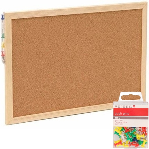 Prikbord incl. 40x punaises gekleurd - 30 x 45 cm - kurk -