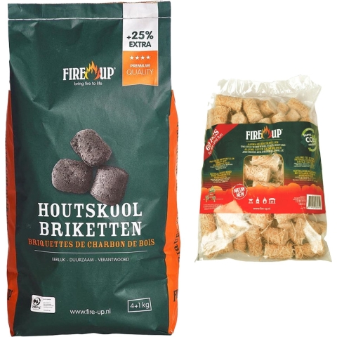 BBQ starterspakket - houtskool briketten 5 kilo - barbecue aanmaak houtwolkrullen 60x -