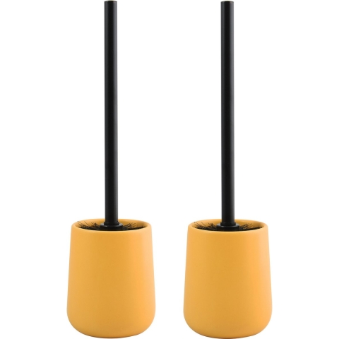 Toiletborstel in houder/wc - 2x - borstel Malmo - keramiek/rvs - saffraan geel/zwart - 39 x 10 cm -