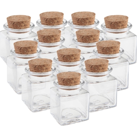 Mini glazen flesjes - 12x - vierkant - 4 x 4 x 6 cm - met kurk dop - hobby/DIY -