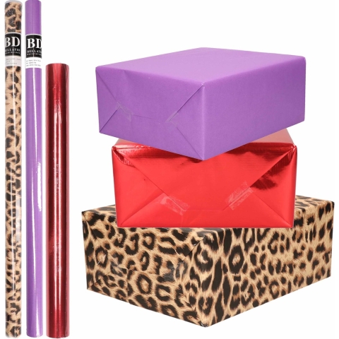 6x Rollen kraft inpakpapier pakket dierenprint/metallic rood en paars 200 x 70/50 cm -