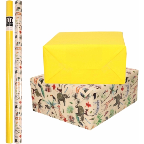6x Rollen kraft inpakpapier jungle/oerwoud pakket - dieren/geel 200 x 70 cm -