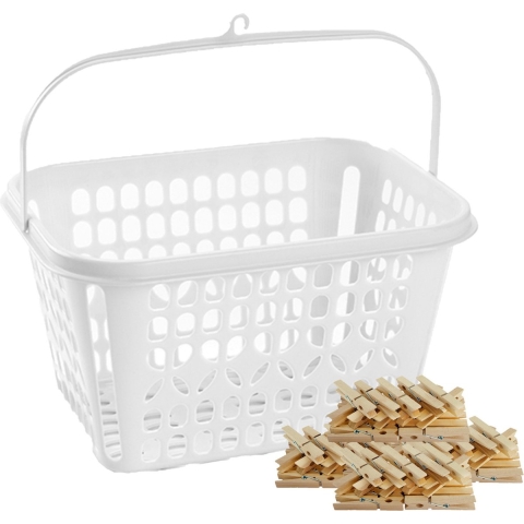 Wasknijper bewaarmandje/bakje - wit - incl. 100x wasknijpers - hout -