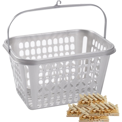 Wasknijper bewaarmandje/bakje - zilver - incl. 100x wasknijpers - hout -