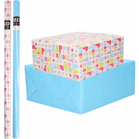 8x Rollen kraft inpakpapier happy birthday pakket - blauw 200 x 70 cm -