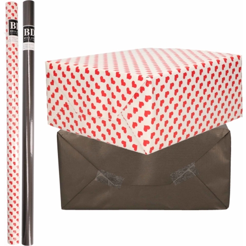 6x Rollen kraft inpakpapier liefde/rode hartjes pakket - zwart 200 x 70 cm -