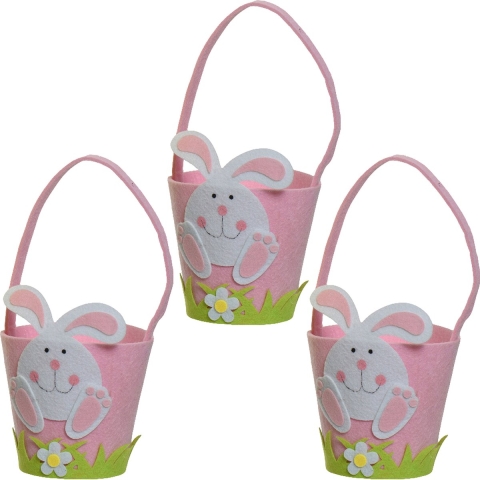 3x stuks paasmandjes met Paashaas - vilt - roze - D15 x H31 cm -