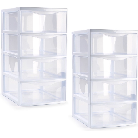 Ladeblokje/bureau organizer - 2x stuks - 4 lades - transparant/wit - L18 x B25 x H33 cm - plastic -