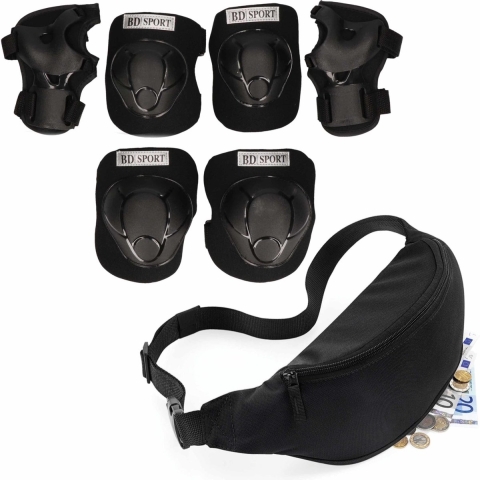 Set van heuptasje/buideltasje zwart 38 cm en valbescherming maat L - 9 tot 10 jaar -