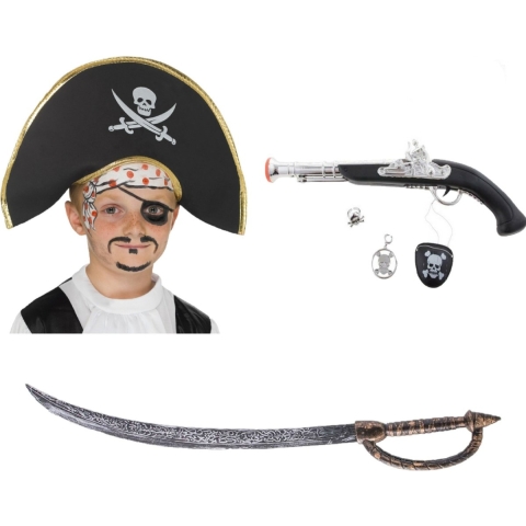 Verkleed speelgoed Piraten hoed zwaard en pistool met ooglapje -