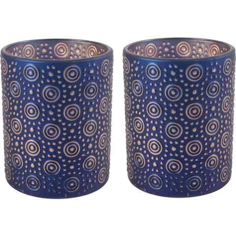 2x stuks luxe theelichthouder/kaarsenhouder - nachtblauw/goud - glas - D10 x H12 cm -