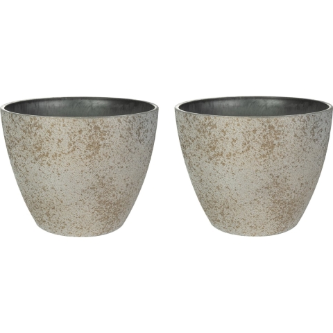 Bloempot/plantenpot - 2x - buiten - beige/goud - D19 en H15 cm - kunststof/steenmix -