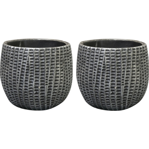 Bloempot/plantenpot - 2x - binnen - zwart/metaal look - D15 en H13 cm - cement -