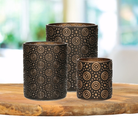 Theelichthouders set - 3x - zwart/goud - glas - luxe kaarsenhouders -