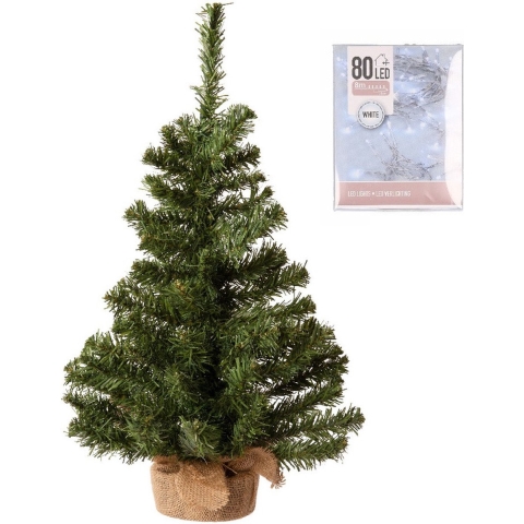 Volle kerstboom in jute zak 60 cm inclusief helder witte kerstverlichting -