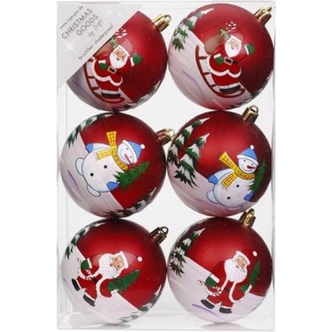12x Rode kerstballen 8 cm kunststof met print -
