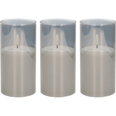 3x stuks luxe led kaarsen in grijs glas D7,5 x H15 cm met timer -