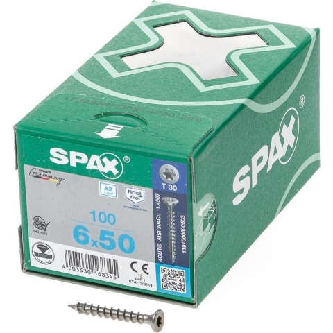 SPAX 1197000600503 Roestvaststalen Schroef - T-STAR Plus T30 - 6.0 X 50mm - Verzonken Kop - Voldraad - Verzinkt (100st)