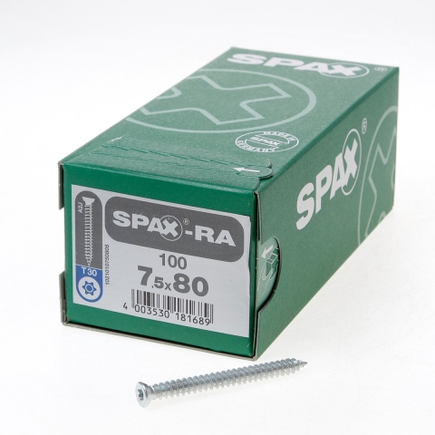 SPAX-Ra 1021010750805 Kozijnschroef - T-STAR Plus T30 - 7.5 X 80mm - Platverzonken Kop - Voldraad - WIROX (100st)