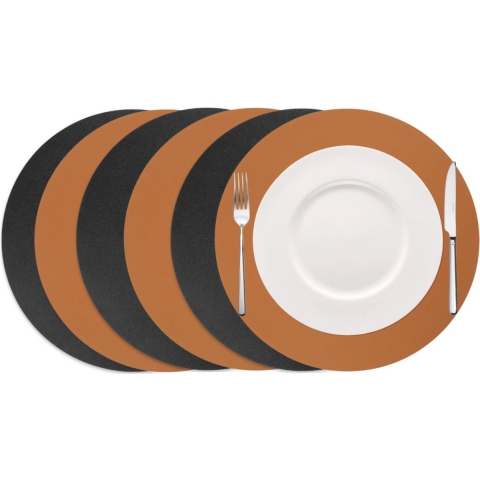 Cookinglife Placemats - Dubbelzijdig - Vegan leer - Cognac / Zwart ø 38 cm - 6 Stuks