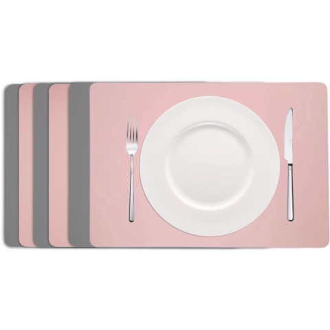 Cookinglife Placemats - Dubbelzijdig - Vegan leer - Grijs / Roze 46 x 33 cm - 6 Stuks
