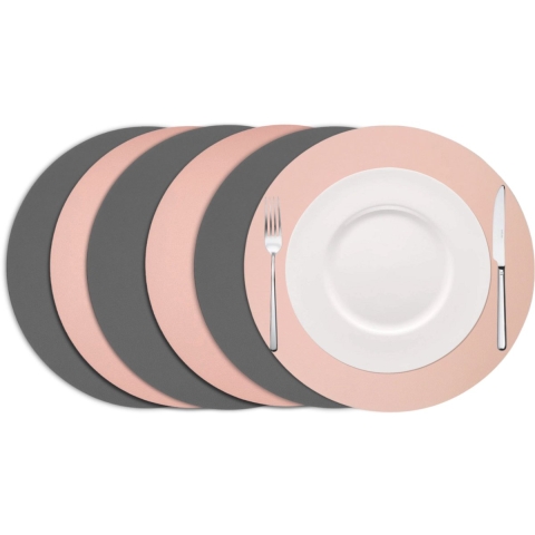 Cookinglife Placemats - Dubbelzijdig - Vegan leer - Grijs / Roze ø 38 cm - 6 Stuks