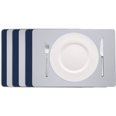 Cookinglife Placemats - Dubbelzijdig - Vegan leer - Grijs / Blauw 46 x 33 cm - 6 Stuks