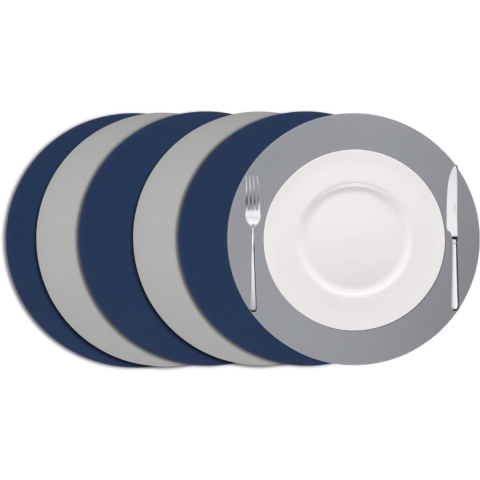 Cookinglife Placemats - Dubbelzijdig - Vegan leer - Grijs / Blauw ø 38 cm - 6 Stuks