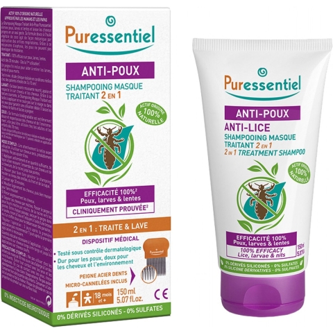 Puressentiel Anti-Luizen 2 in 1 Behandelende Maskershampoo + Kam | 150 ml