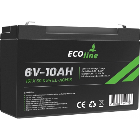 EcoLine - AGM 6V 10AH - 10000mAh VRLA Batterij - 151 x 50 x 94 - Deep Cycle Accu