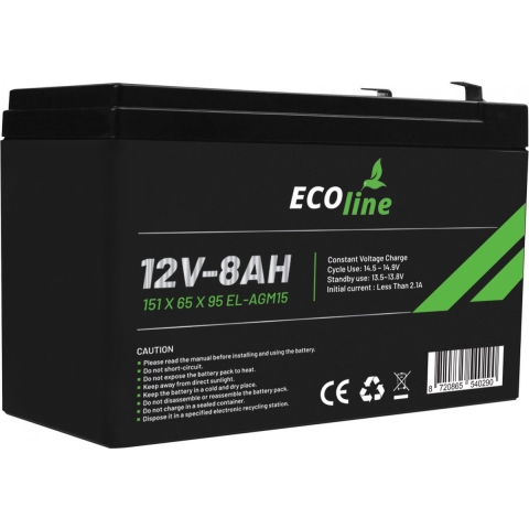 EcoLine - AGM 12V 8AH - 8000mAh VRLA Batterij - 151 x 65 x 95 - Deep Cycle Accu