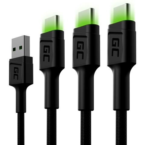 3x GC Ray USB-C 200cm kabel met groen LED verlichting, fast charging Ultra Charge, QC 3.0