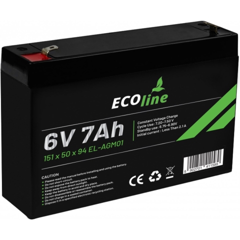 EcoLine - AGM 6V 7AH - 7000mAh VRLA Batterij - 151 x 34 x 96 - Deep Cycle Accu