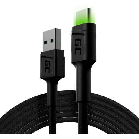 Oplaad kabel GC Ray USB - USB-C 200cm met ingebouwd groen LED licht, Fast Charging -Ultra Charge - QC 3.0