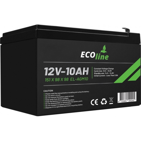 EcoLine - AGM 12V 10AH - 10000mAh VRLA Batterij - 151 x 98 x 98 - Deep Cycle Accu