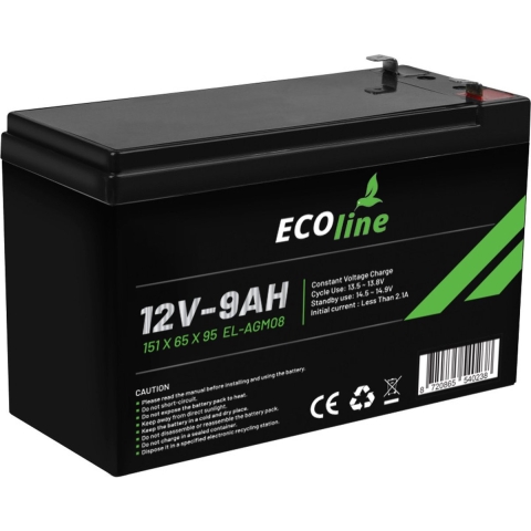 EcoLine - AGM 12V - 9AH VRLA Batterij - 151 x 65 x 95 - Deep Cycle Accu