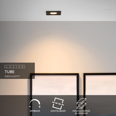 Lucide Tube 1 Spot Inbouw Vierkant Zwart