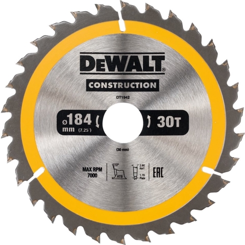 DeWALT Cirkelzaagblad voor Hout | Construction | Ø 184mm Asgat 30mm 30T - DT1942-QZ