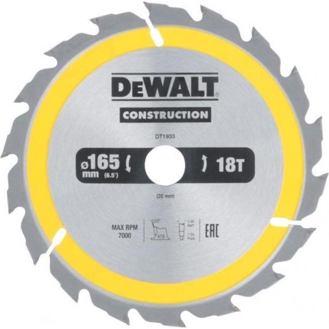 DeWALT Cirkelzaagblad voor Hout | Construction | Ø 165mm Asgat 20mm 18T - DT1933-QZ