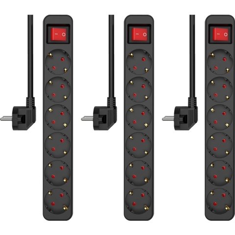 3-Pack ELRO ES106S Stekkerdoos 6-voudig met schakelaar en 1,5m snoer– Kinderbeveiliging – randaarde stekker – max. 3680W – TÜV getest
