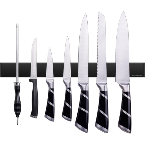 KitchenMonster® Messenmagneet Messenblok 40 cm - Magnetische Messenhouder Inclusief Zelfklevend Tape (3M) en Schroefbevestiging - Messenmagneetstrip RVS Zwart